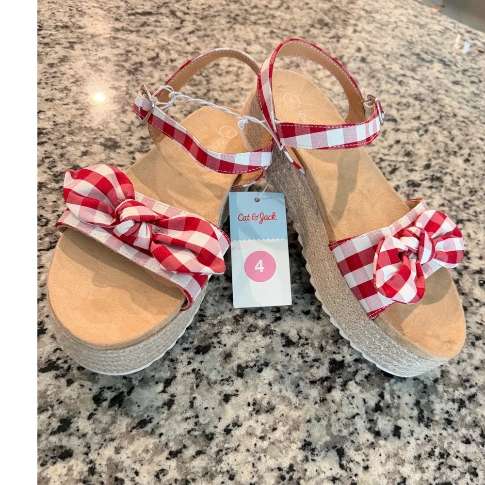 Cat & Jack Girls Red Gingham Espadrille Platform Sandals Bow Ankle Strap Size 4